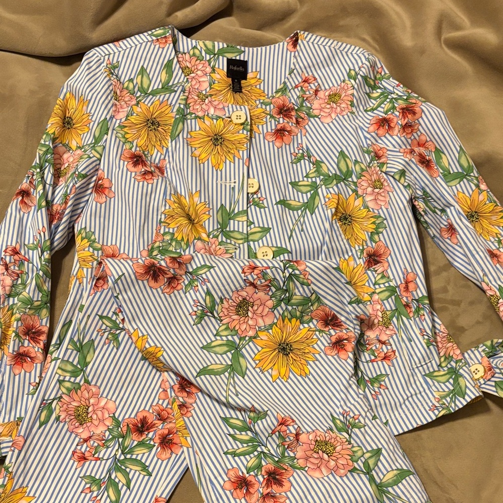 Rafaella Floral Striped Top with Button Detail